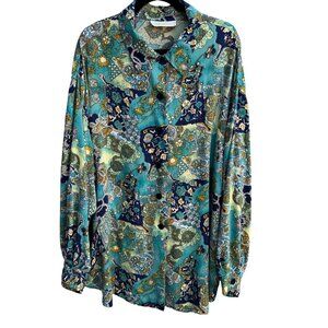 Silhouettes Vintage Long Sleeve Blue Green Paisley Boho Button-Up Shirt‎ Blouse